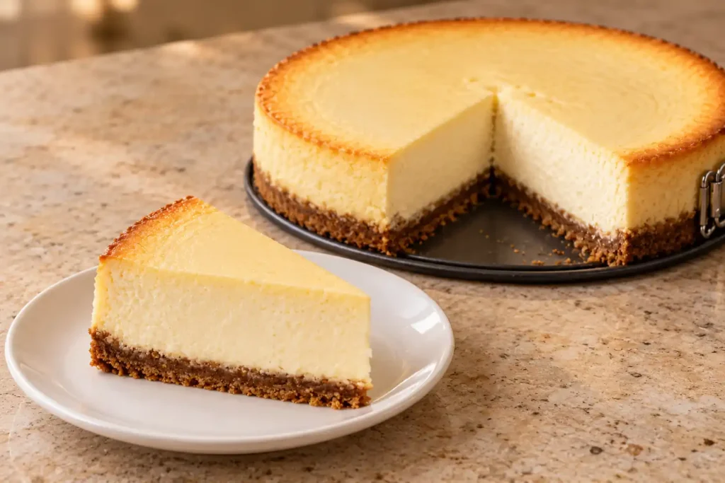 Classic New York cheesecake slice with creamy center and graham cracker crust