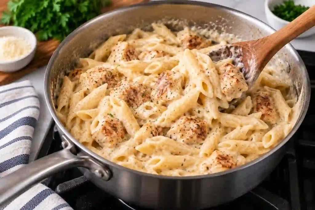 Chicken and penne tossed in creamy sauce to finish garlic parmesan chicken pasta