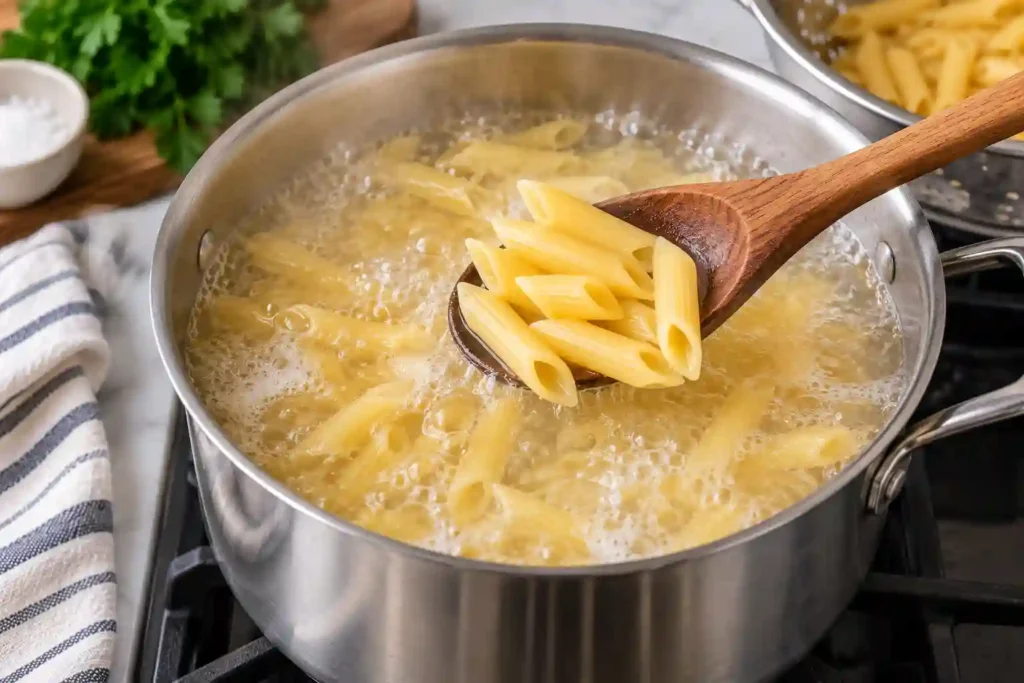Garlic parmesan chicken pasta preparation with penne boiling until al dente