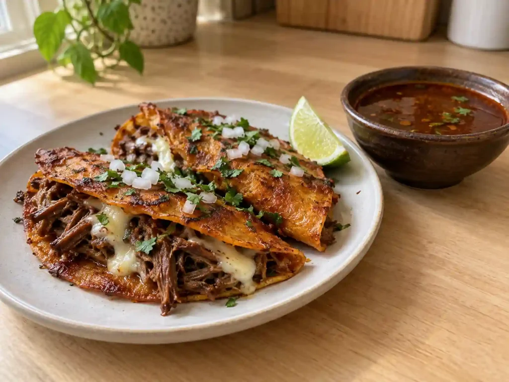 Crockpot birria tacos with shredded beef, melted Oaxaca cheese, and a bowl of consommé