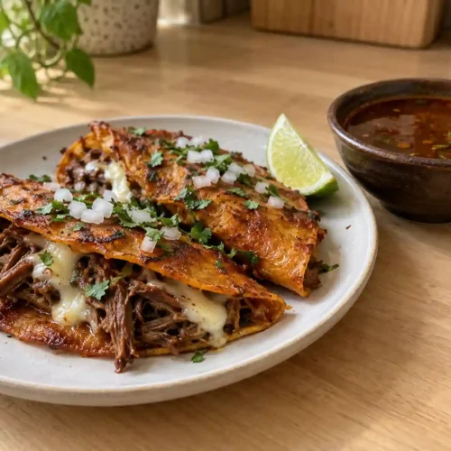 Crockpot birria tacos with shredded beef, melted Oaxaca cheese, and a bowl of consommé