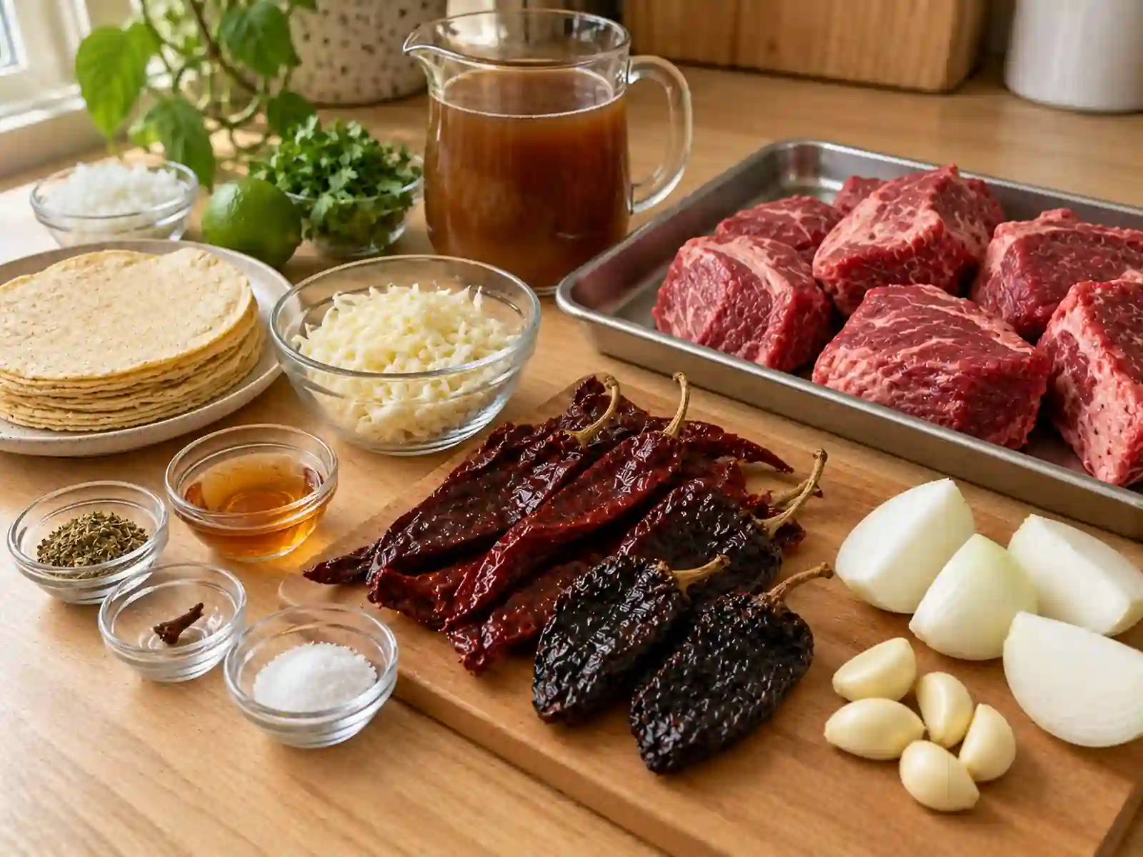 Dried guajillo and ancho chiles, raw chuck, Oaxaca cheese, corn tortillas, and aromatics