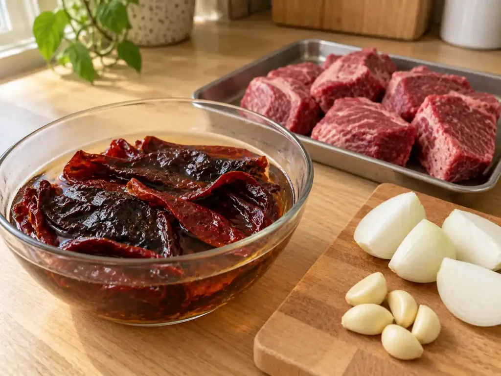 Guajillo and ancho chiles soaking beside raw beef chuck on a separate tray