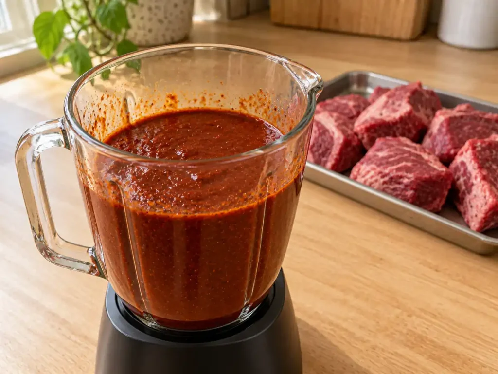 Red guajillo-ancho sauce in a blender with raw beef chuck still separate