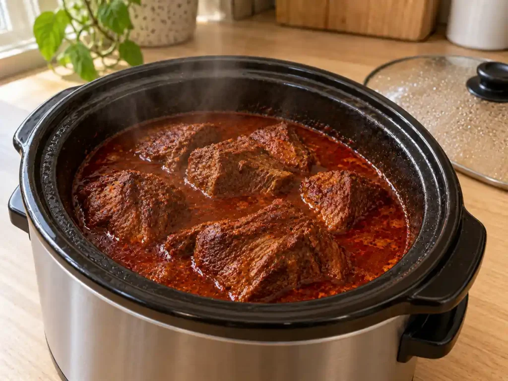 Fork-tender beef chuck pieces in red chile sauce inside an opened slow cooker