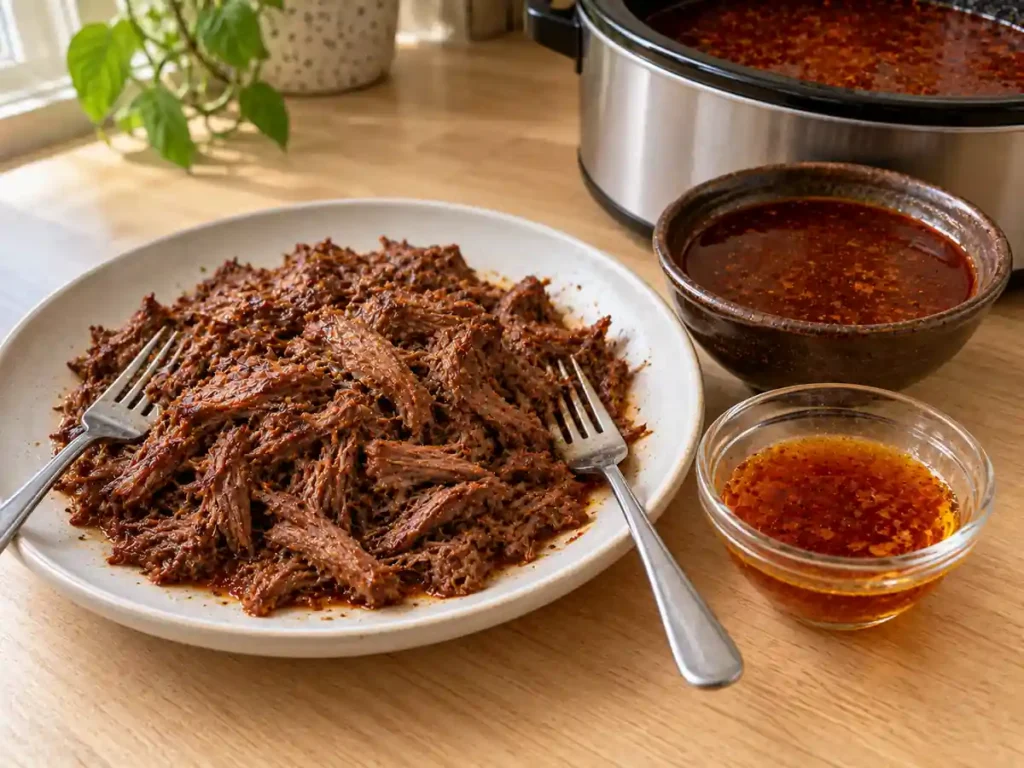 Shredded beef beside separate bowls of red rendered fat and consommé