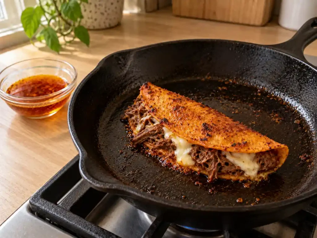 A corn tortilla crisping around shredded beef and melting Oaxaca cheese in a skillet