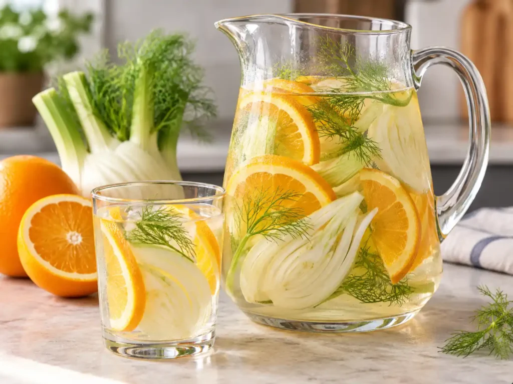 Fennel and orange detox water in a clear pitcher with fresh fennel and orange slices.
