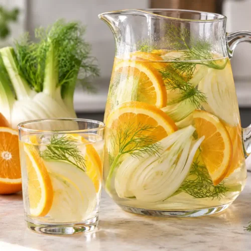 Fennel and orange detox water in a clear pitcher with fresh fennel and orange slices.