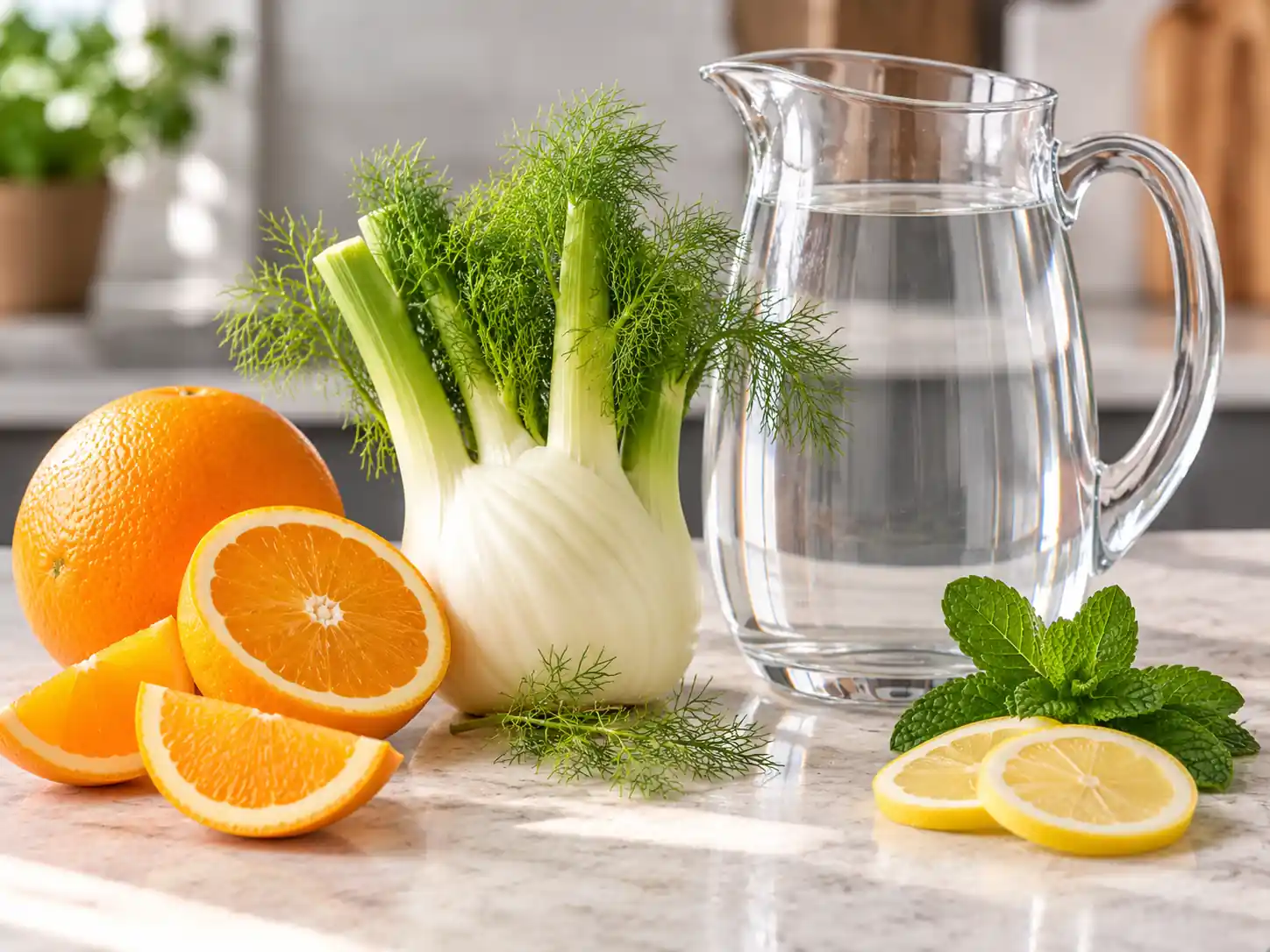 Fresh orange, fennel bulb, cold water, mint, and lemon for orange fennel infused water.