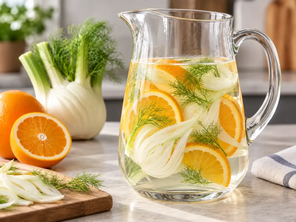 Orange fennel infused water with sliced orange and fennel in a clear pitcher.