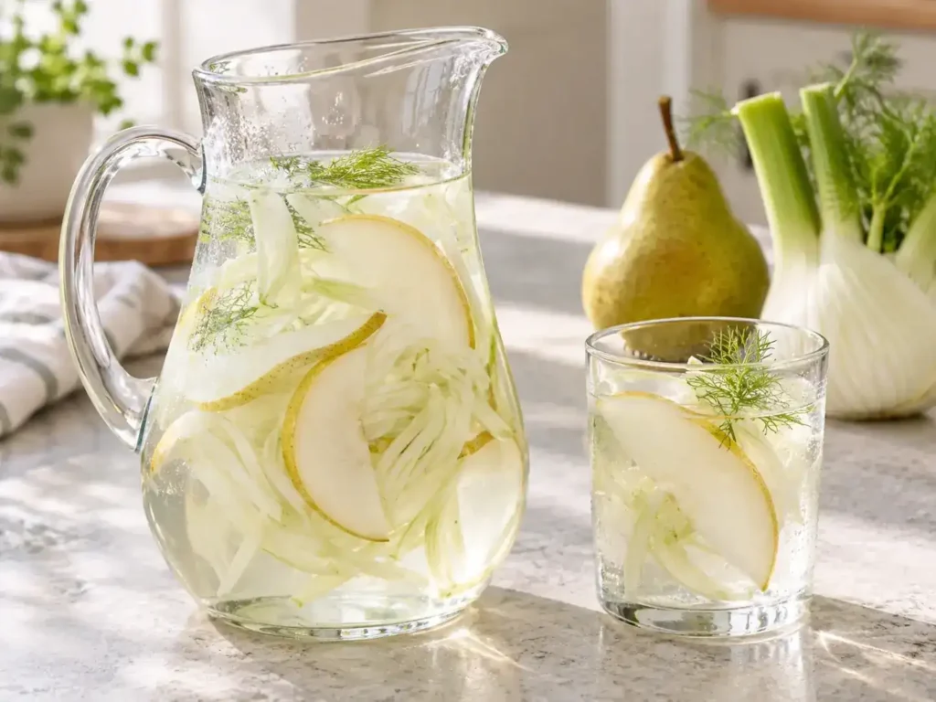 Fennel and pear water served cold with fresh pear and fennel.