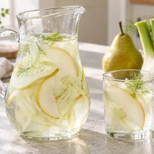 Fennel and pear water served cold with fresh pear and fennel.