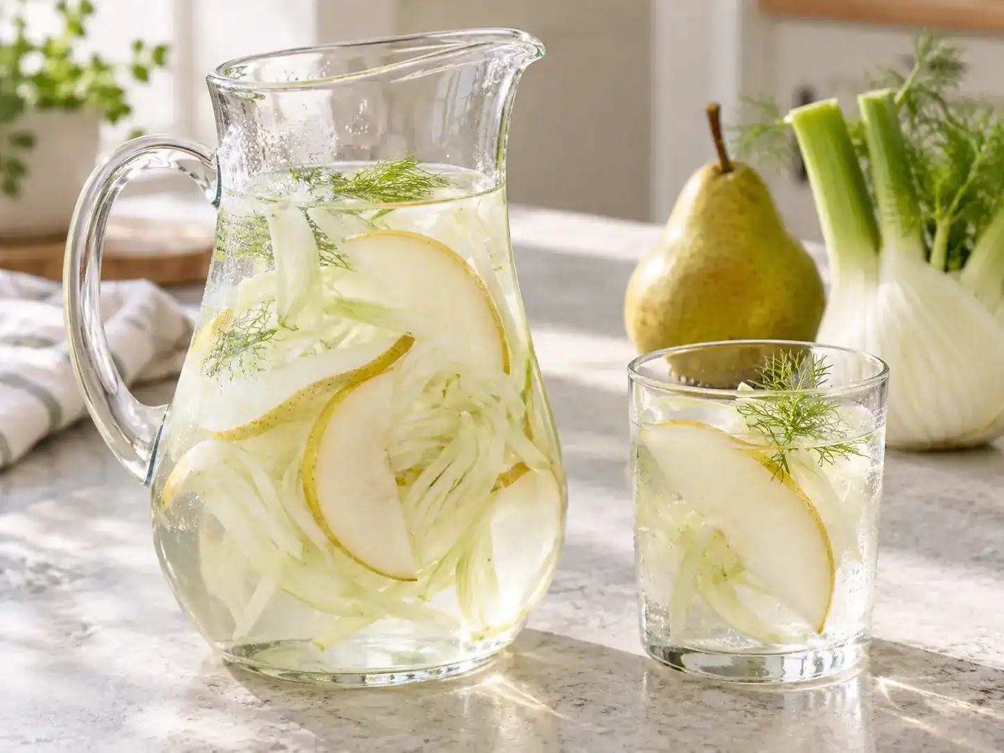 Fennel and pear water served cold with fresh pear and fennel.