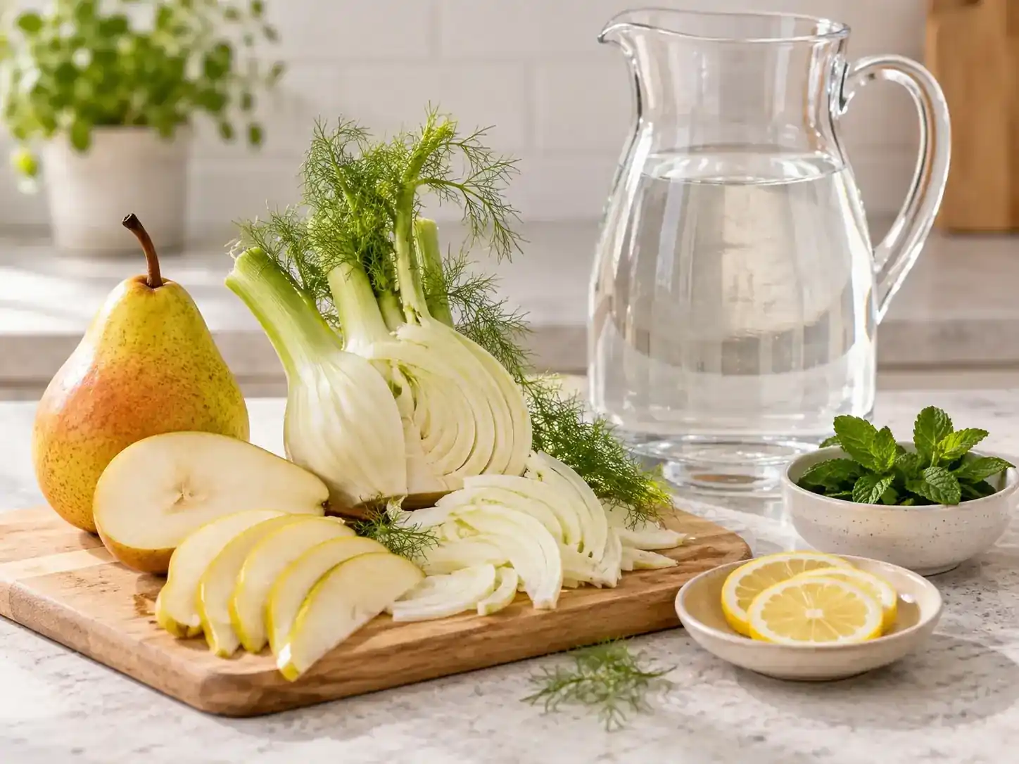Fresh pear, fennel bulb, cold water, mint, and lemon for pear fennel infused water.