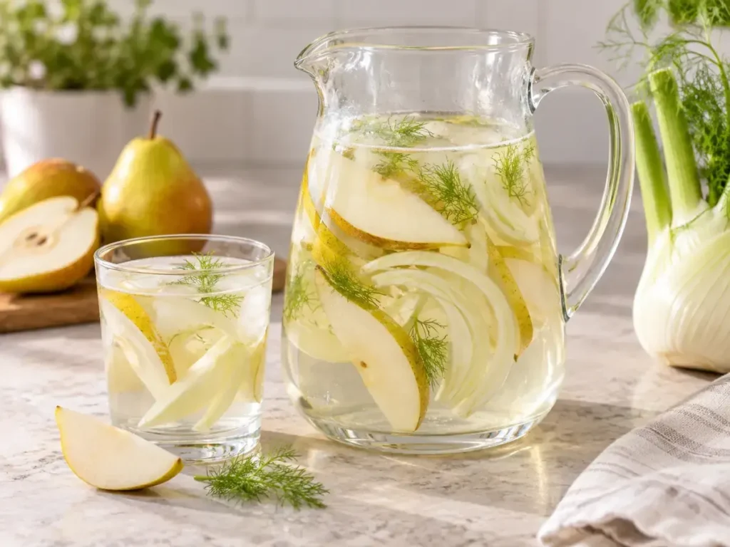 Pear and fennel slices steeping in cold water in a clear pitcher.