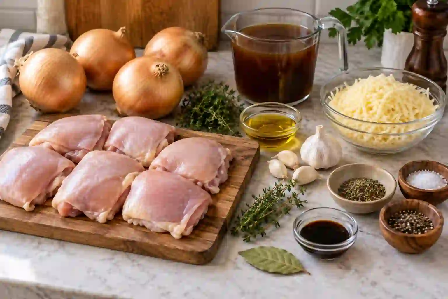French onion chicken crock pot ingredients with chicken thighs, onions, broth, Gruyère and thyme