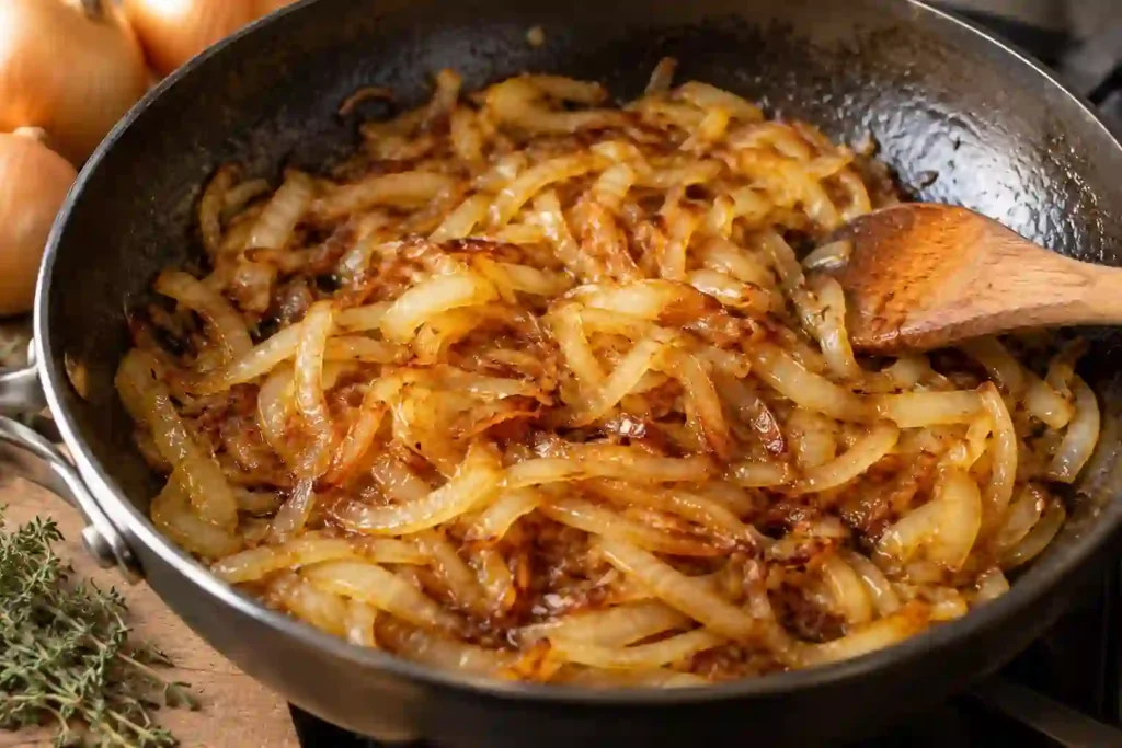 Caramelized onions browned in a skillet until deep golden for slow cooker chicken