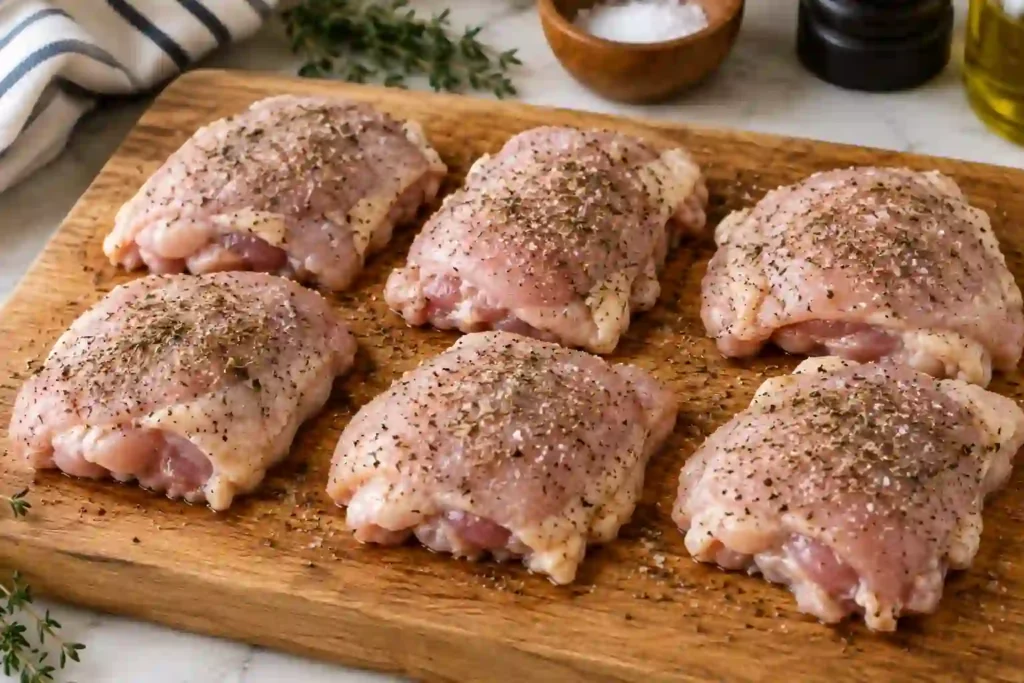 Chicken thighs seasoned with salt, black pepper and thyme before slow cooking