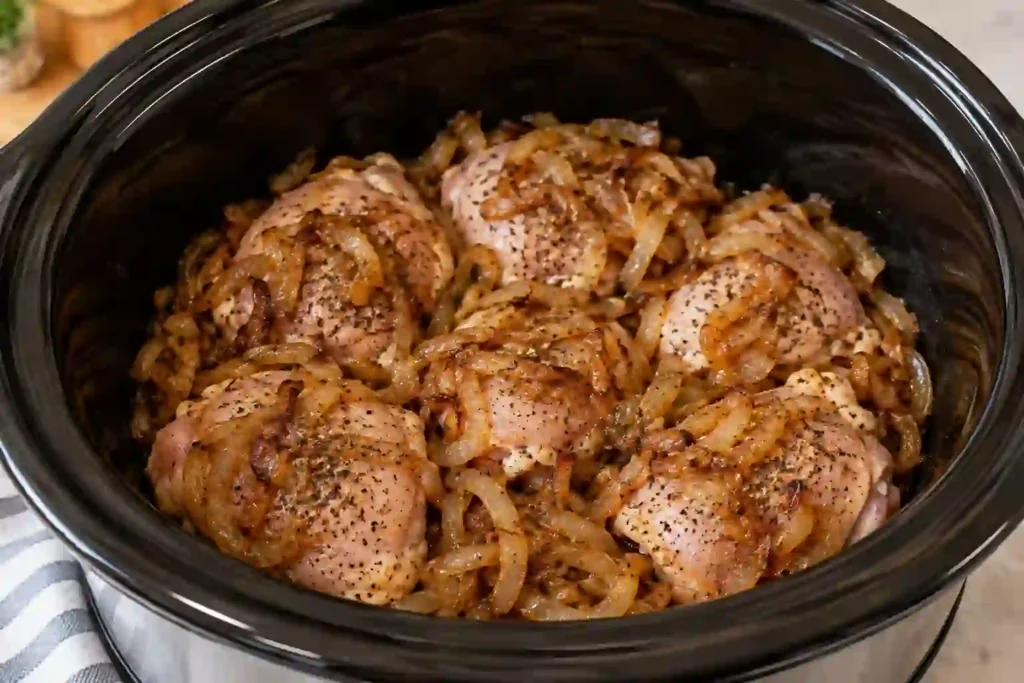 Chicken thighs layered with caramelized onions in a slow cooker before adding broth