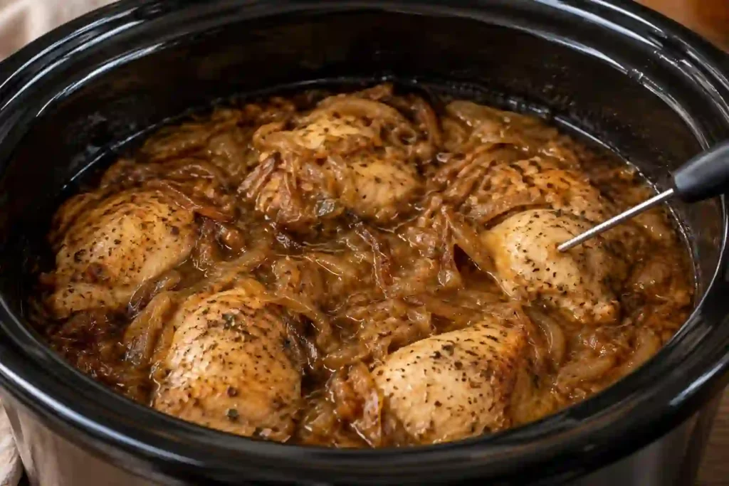 Slow cooker French onion chicken checked with an instant-read thermometer at 165°F