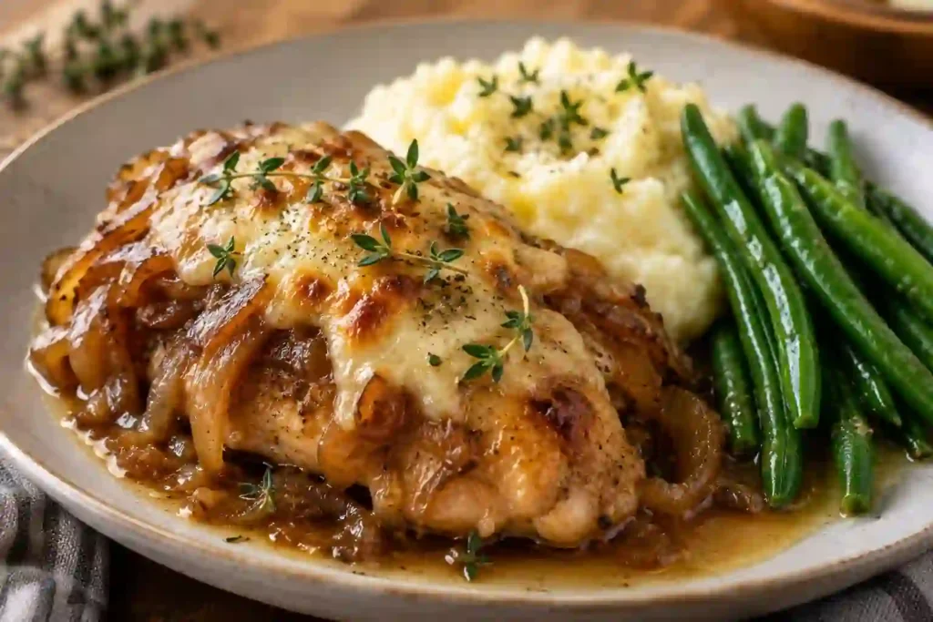 French onion chicken served with mashed potatoes, green beans and caramelized onion sauce
