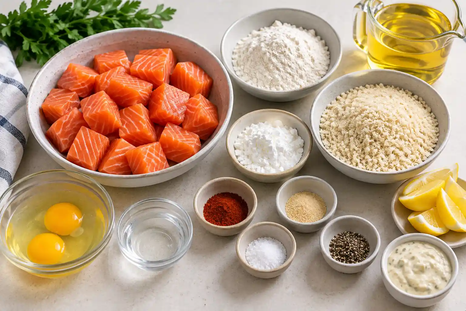 Ingredients for fried salmon bites with salmon, flour, cornstarch, eggs, panko and frying oil