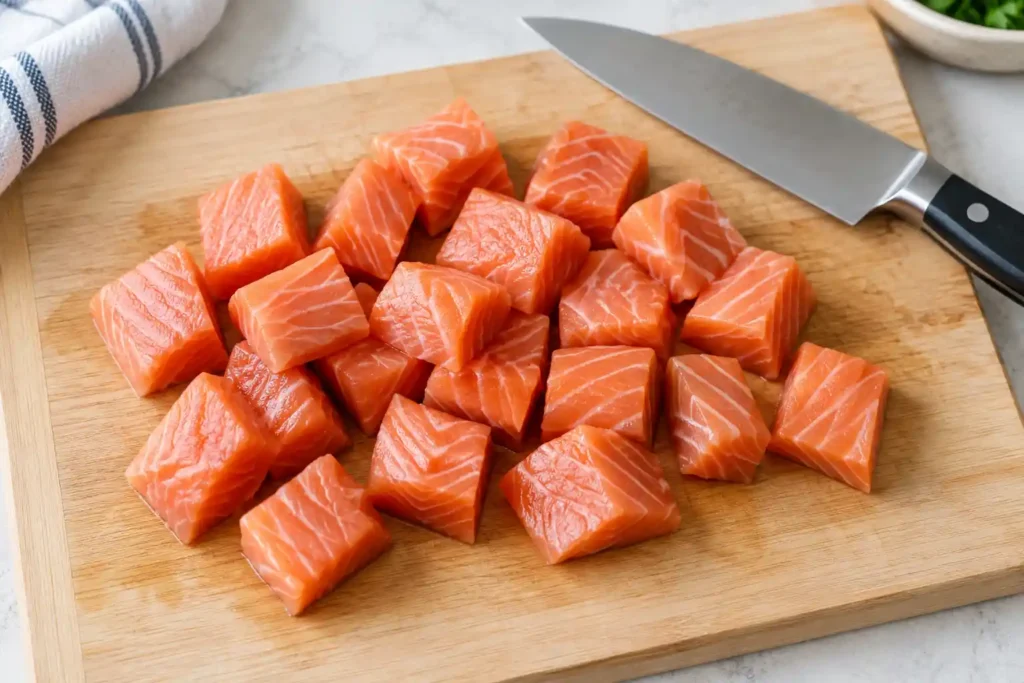 Raw salmon cut into uniform 1-inch cubes on a cutting board