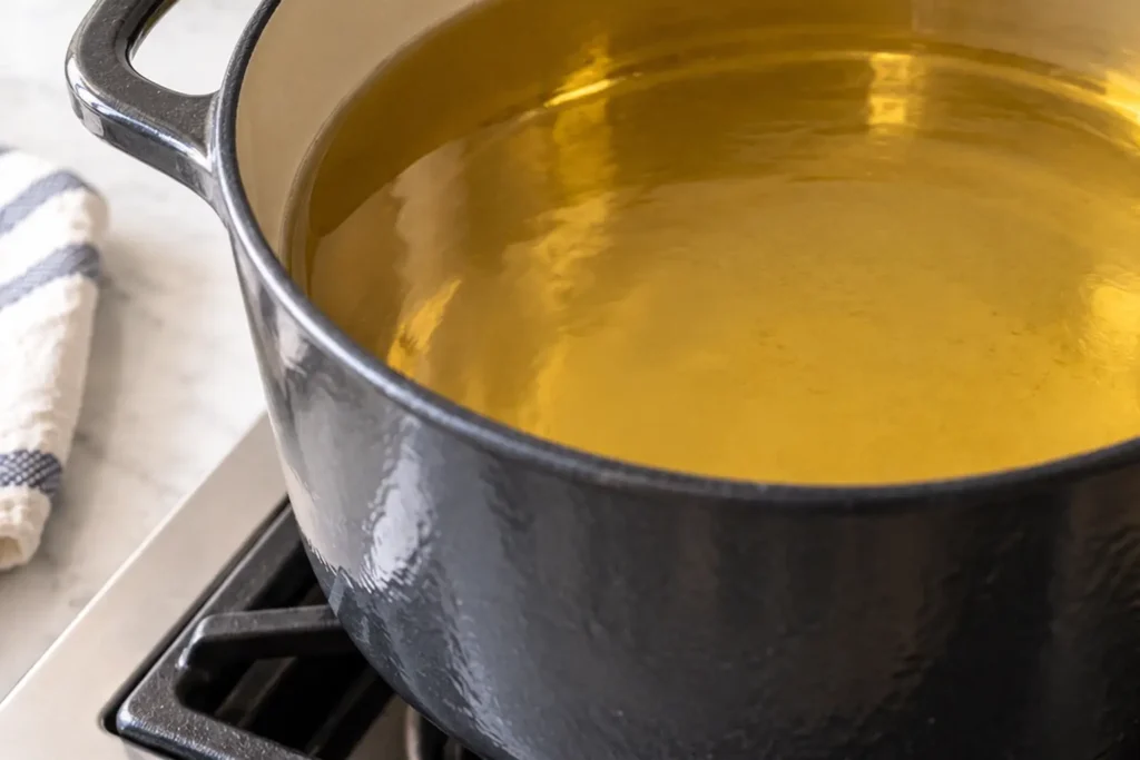 Neutral frying oil heating in a deep pot for fried salmon bites