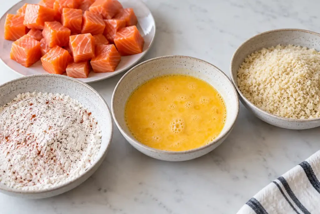 Three-bowl breading station with seasoned flour, beaten egg and panko
