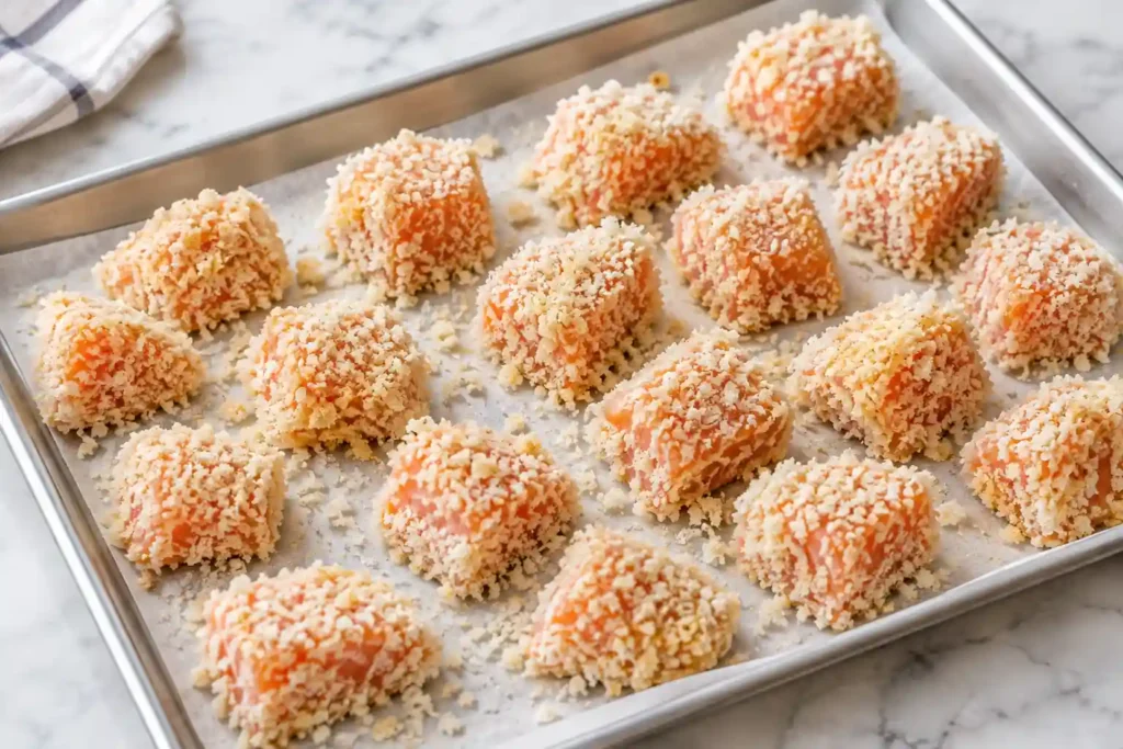 Raw salmon cubes coated with panko and ready for frying