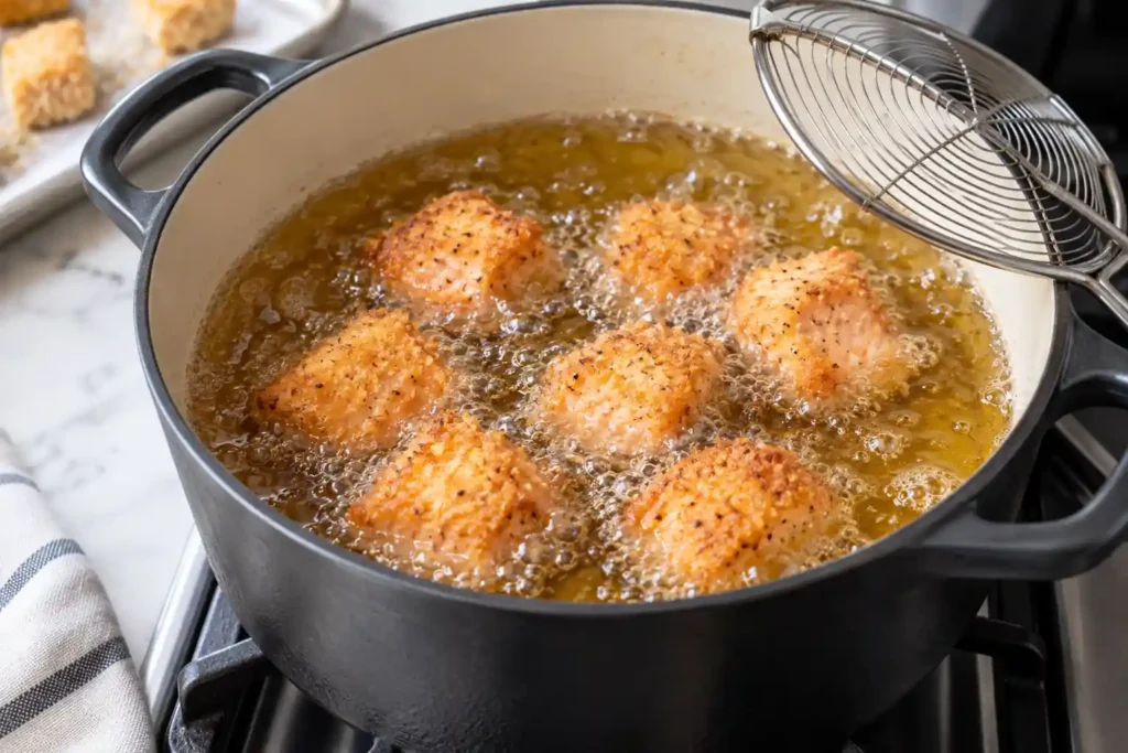 Breaded salmon bites frying in hot oil until golden