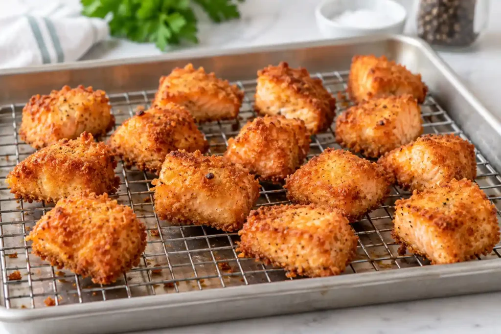 Golden fried salmon bites draining on a wire rack