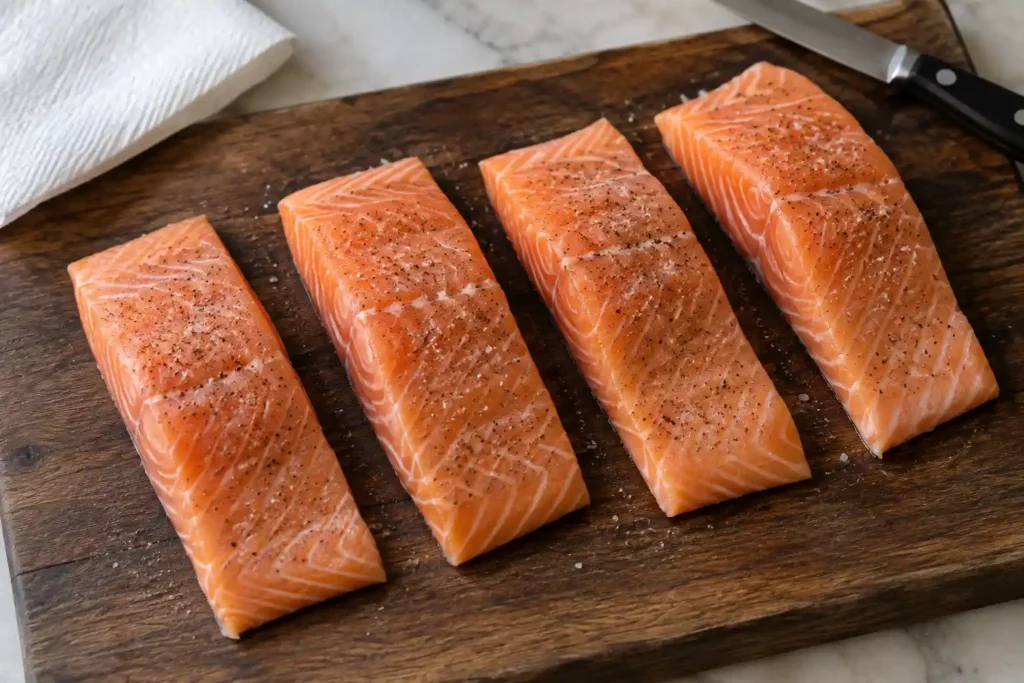 Seasoned salmon fillets patted dry on a cutting board