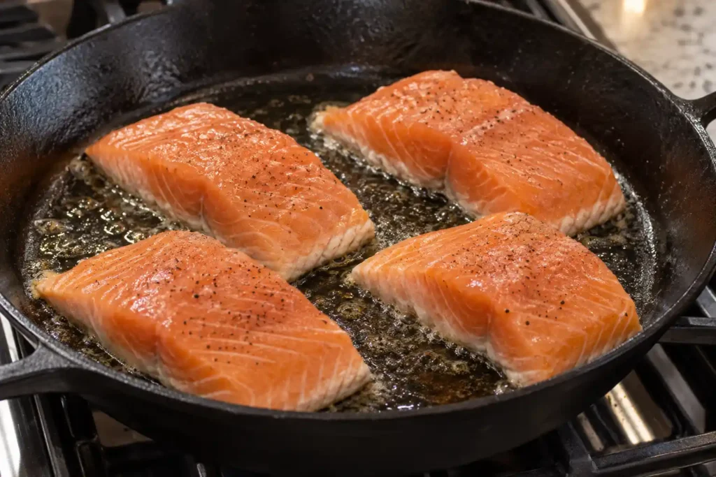 Salmon fillets searing presentation-side down in a skillet