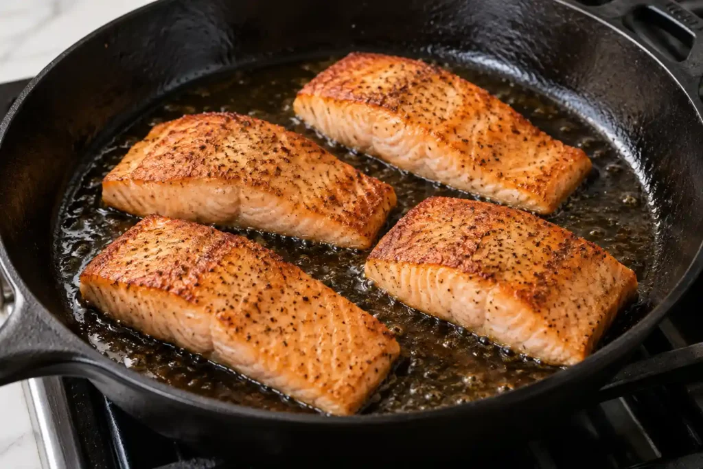 Golden salmon fillets after flipping in a skillet