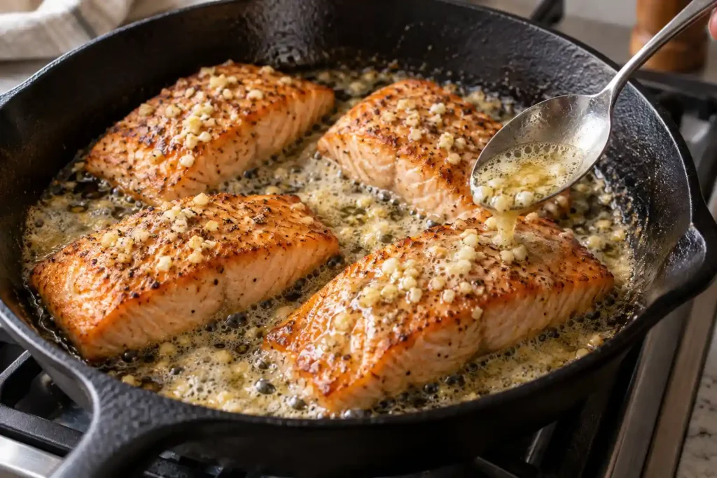 Pan-seared salmon basted with foaming garlic butter
