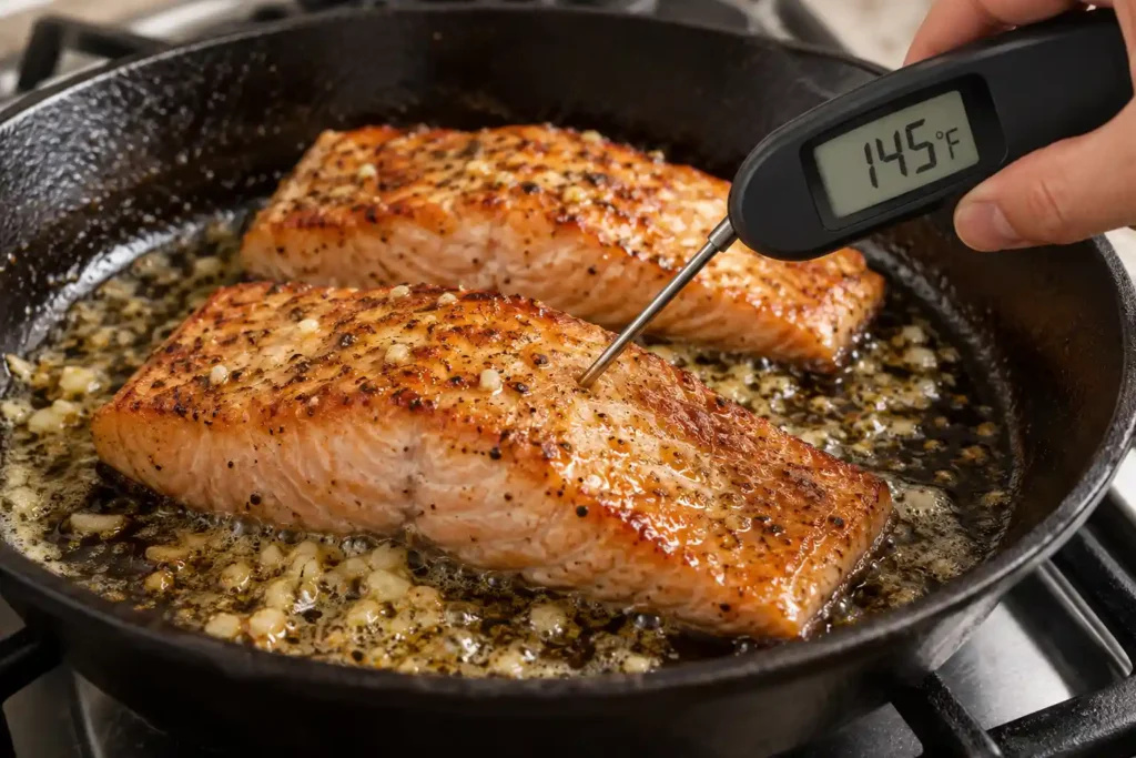 Instant-read thermometer checking salmon at 145°F