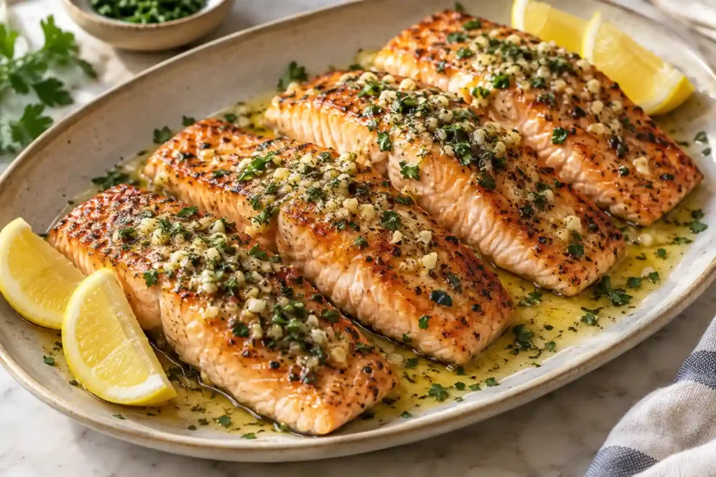 Garlic butter salmon with parsley and lemon wedges ready to serve
