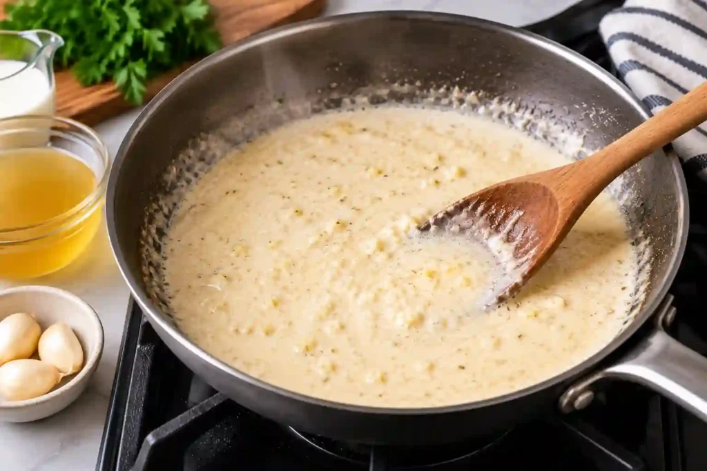 Creamy garlic sauce simmering gently for garlic parmesan chicken pasta