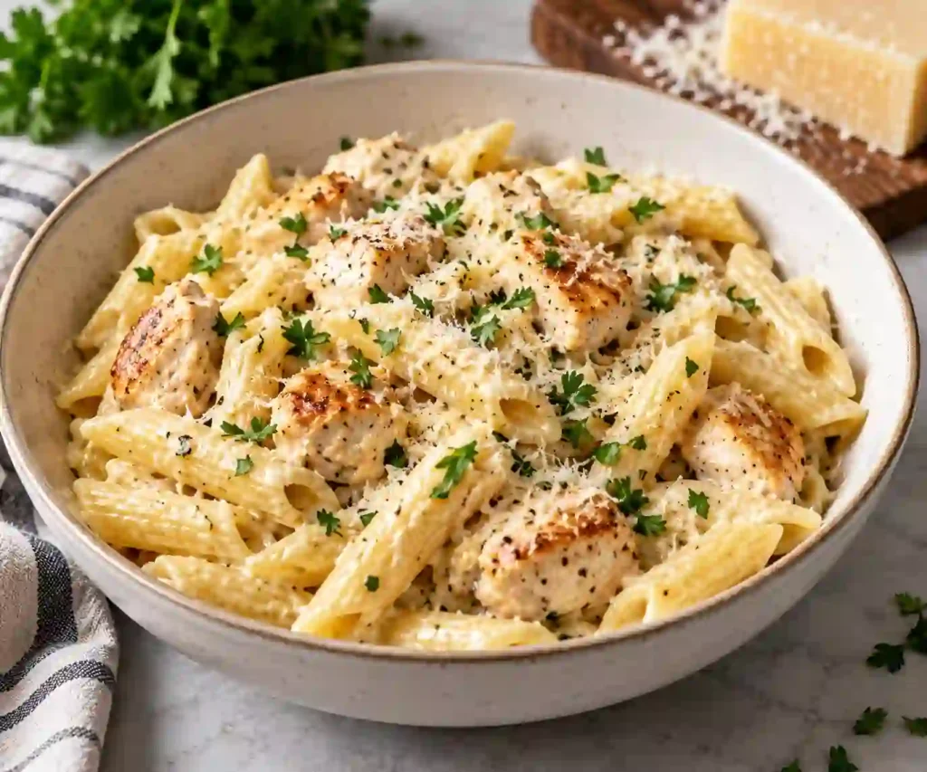 Garlic parmesan chicken pasta with seared chicken, penne, and creamy Parmesan sauce