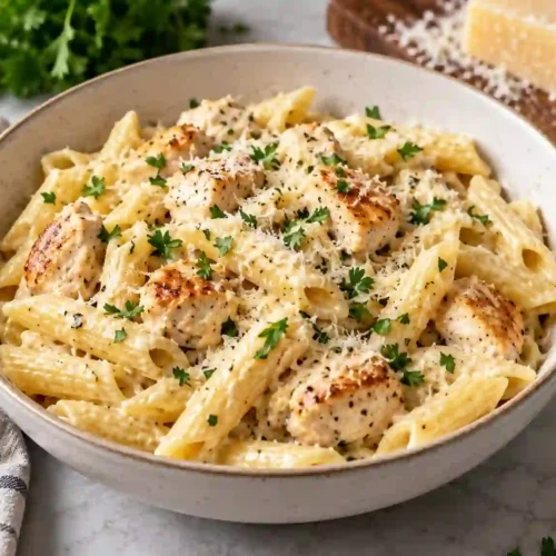 Garlic parmesan chicken pasta with seared chicken, penne, and creamy Parmesan sauce