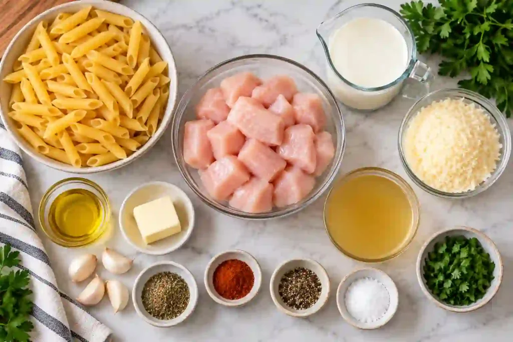 Garlic parmesan chicken pasta ingredients with chicken, penne, cream, garlic, and Parmesan