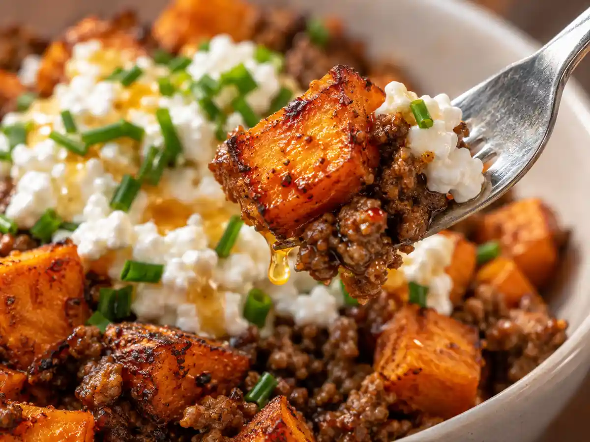 Fork lifting a crisp sweet potato cube with ground beef and cottage cheese
