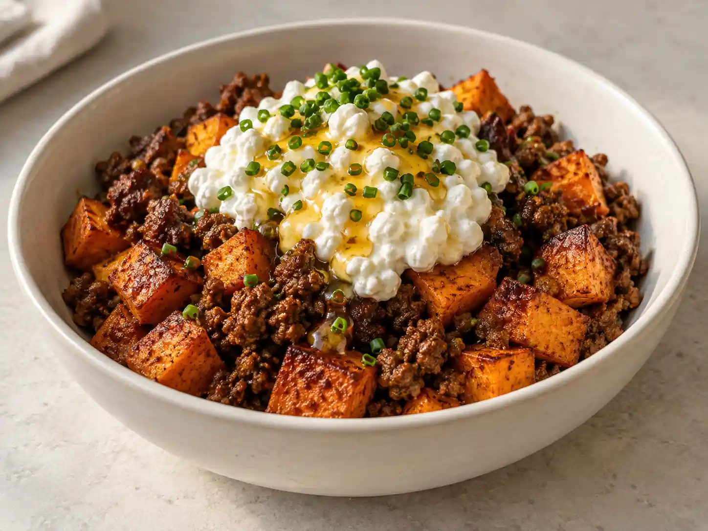 Ground beef sweet potato cottage cheese bowl with crisp sweet potatoes, spiced beef, cottage cheese, hot honey, and chives