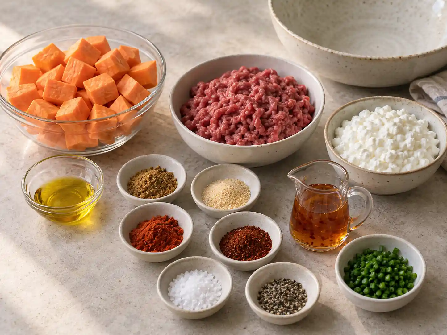 Ground beef sweet potato cottage cheese bowl ingredients arranged for the recipe