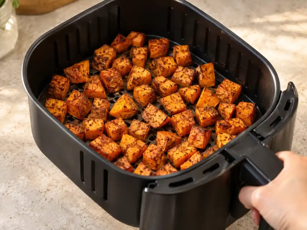 Crisp seasoned sweet potato cubes in an air fryer basket
