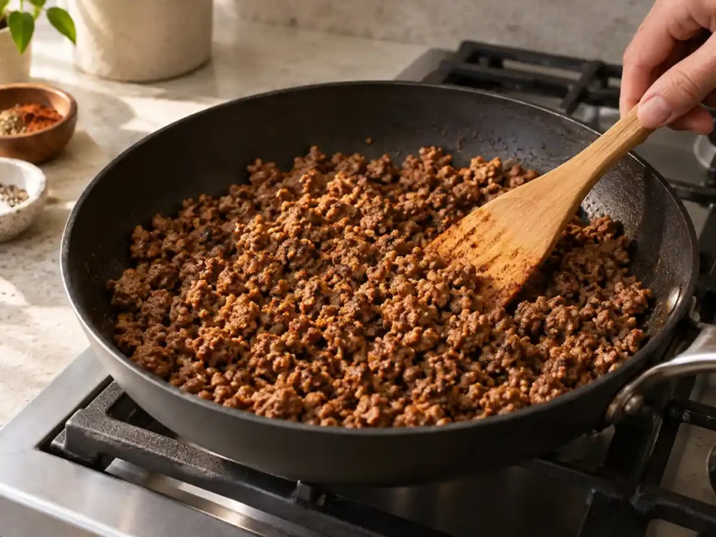 Mexican-spiced ground beef browning in a skillet