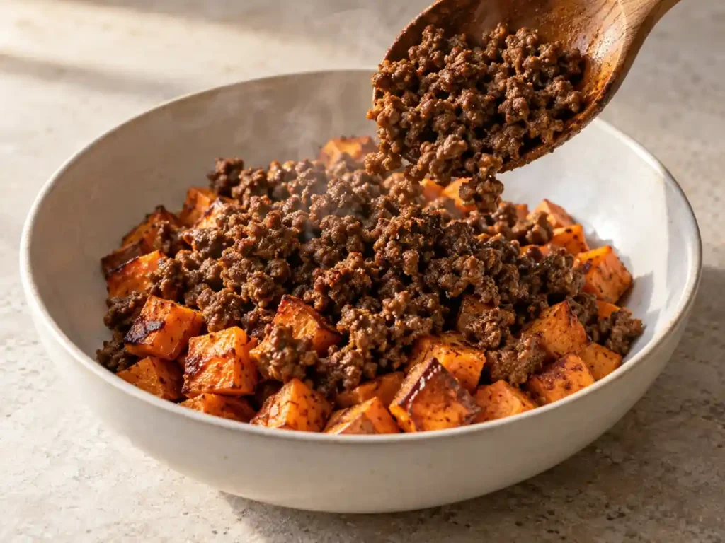 Ground beef sweet potato cottage cheese bowl warm base with crisp sweet potatoes and browned beef