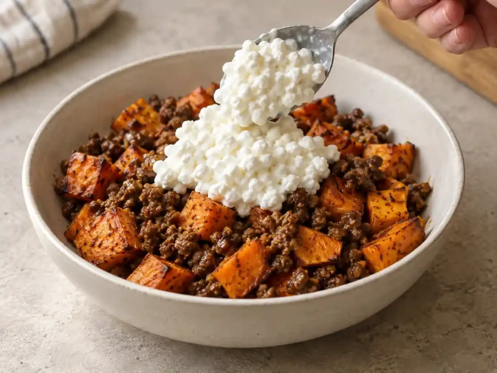 Cold small-curd cottage cheese being spooned over beef and sweet potatoes